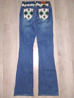 Ranch Dress'n Green Tribal Aztec Print Flared Jeans Size Small Western Cowgirl